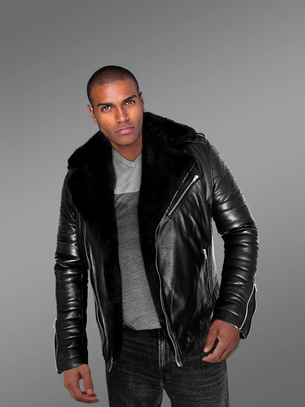 Men’s Biker Leather Jacket with Sheepskin Frontline - Image 5