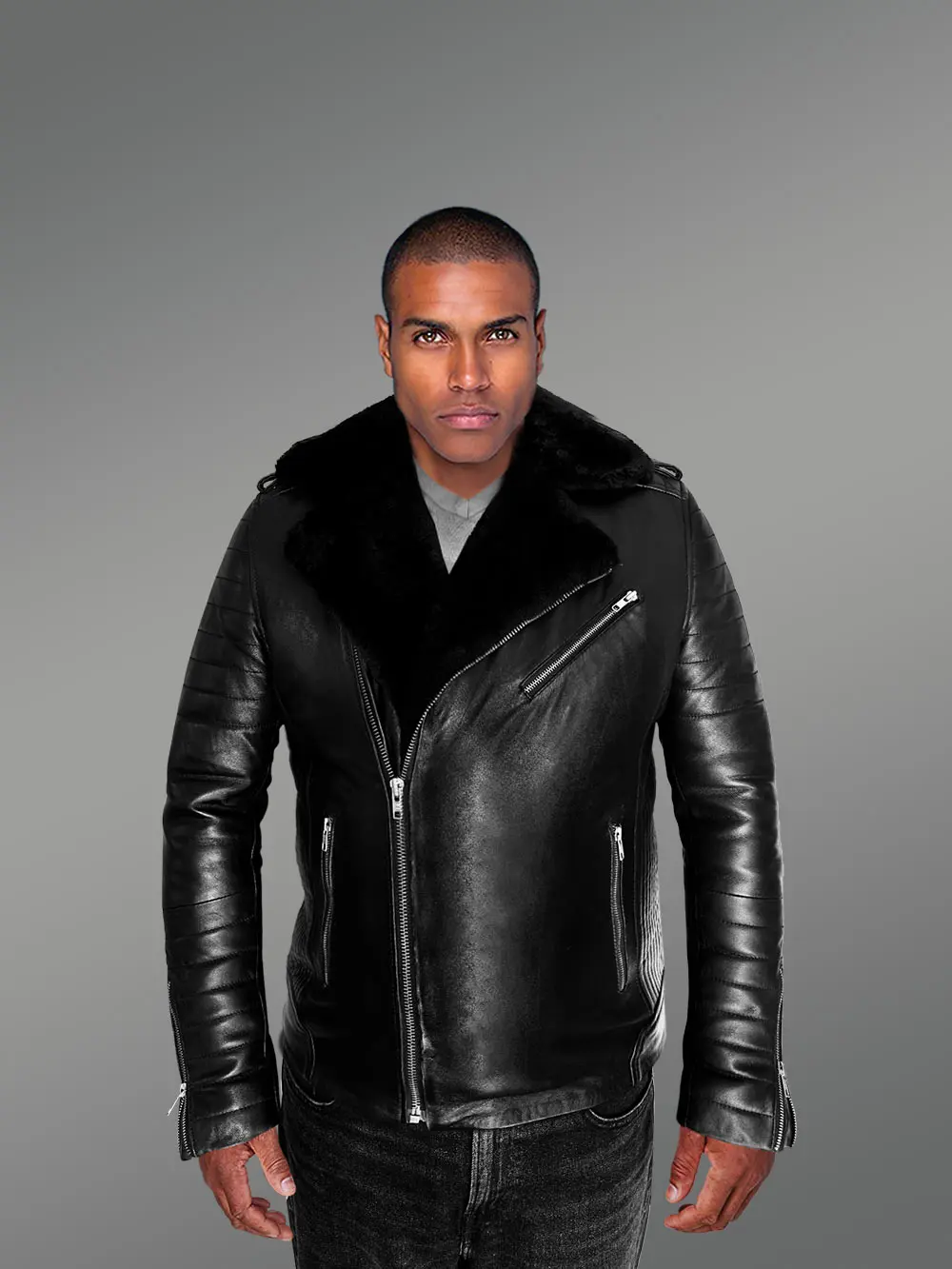 Men’s Biker Leather Jacket with Sheepskin Frontline - Image 6