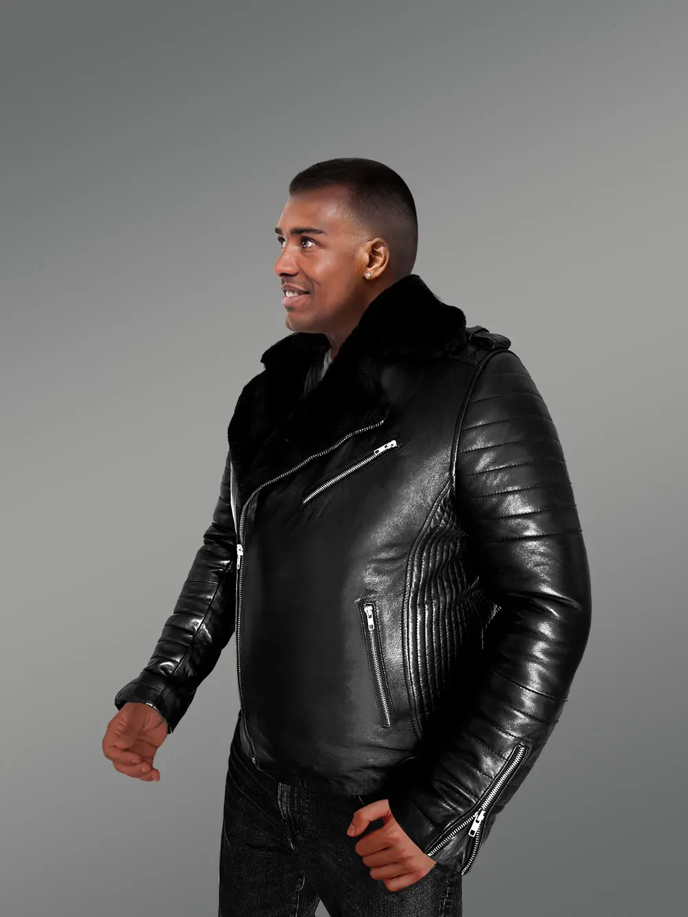 Men’s Biker Leather Jacket with Sheepskin Frontline - Image 8