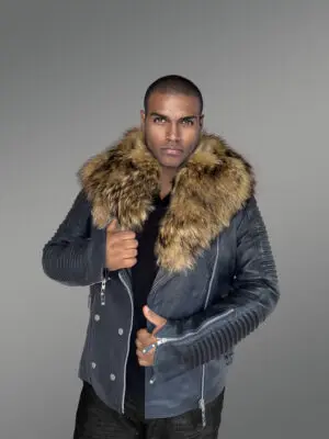 Men’s Biker Jacket in Navy with Raccoon Collar