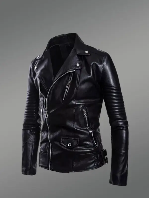 Leather Biker Jacket with Quilt Details on Sleeves Exudes Rugged Charm - Image 6