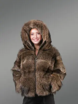 Women’s Natural Rabbit Fur Bomber with Hood