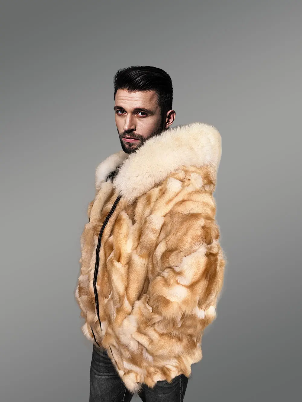 Mens Golden Fox Fur Bomber Jacket for an Exquisite Presence - Image 3