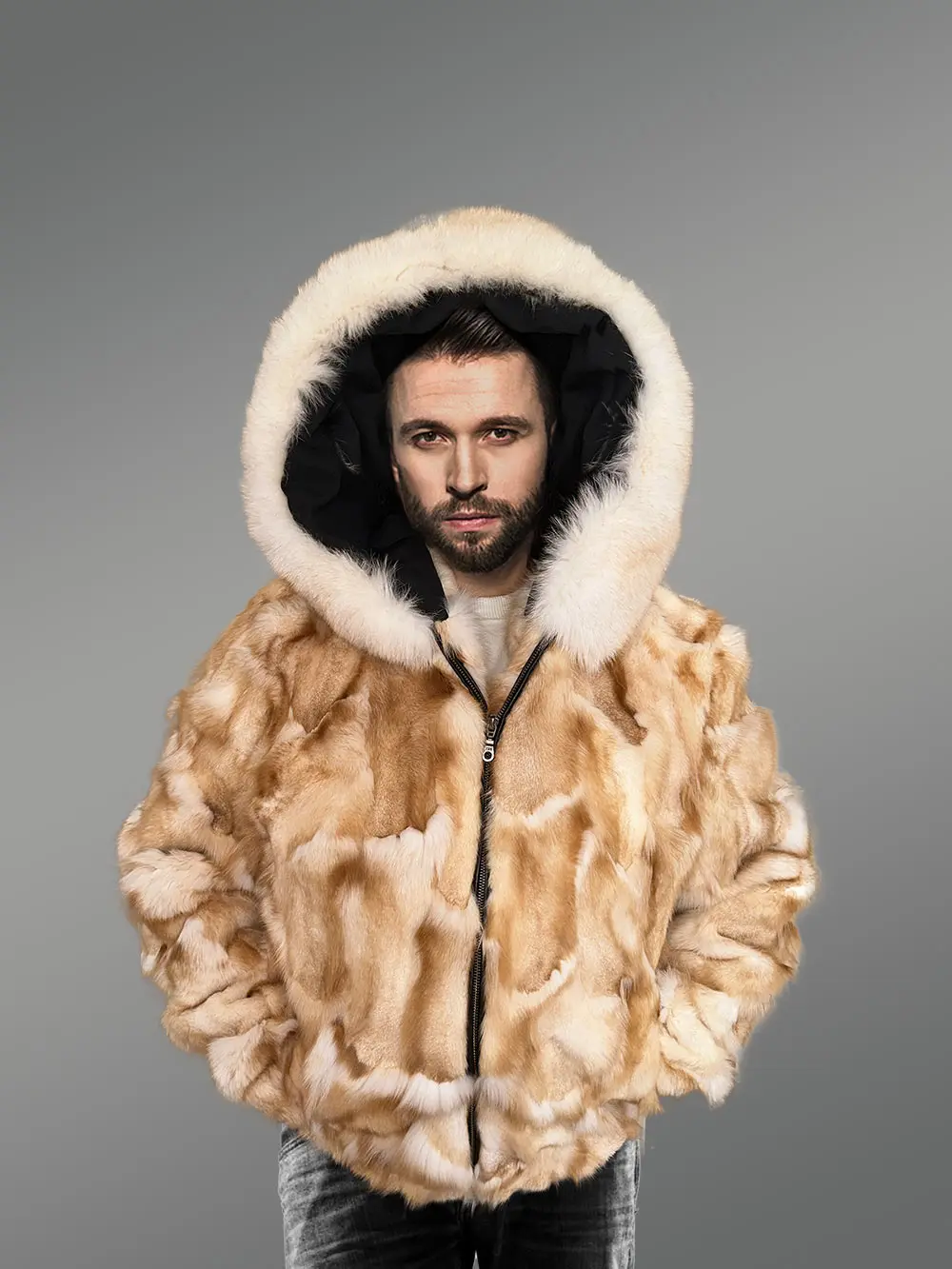 Mens Golden Fox Fur Bomber Jacket for an Exquisite Presence - Image 4