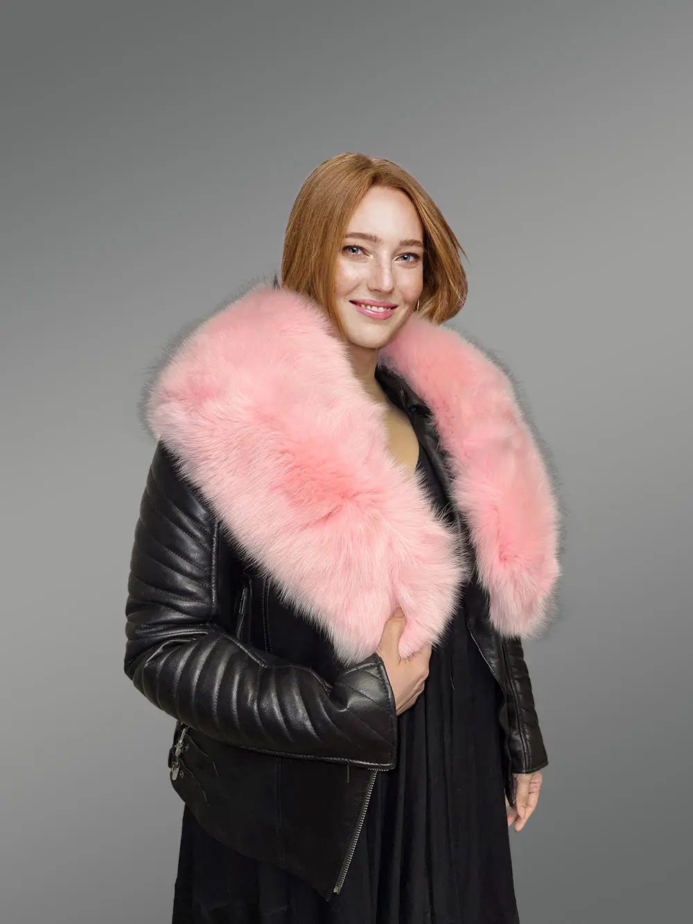 Leather Biker Jacket with Fox Fur Lapel