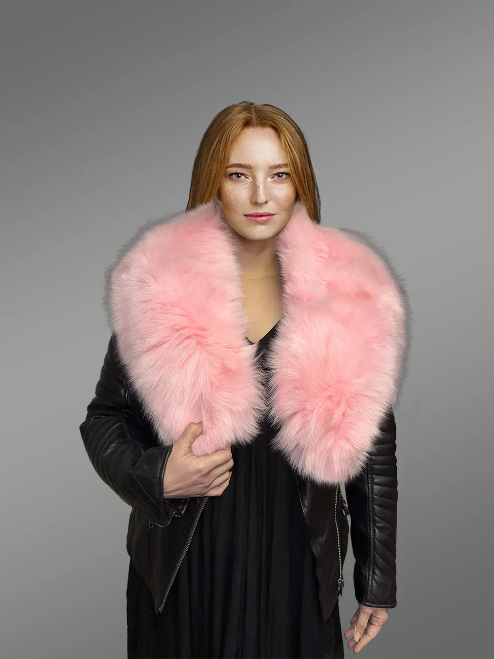 Leather Biker Jacket with Fox Fur Lapel