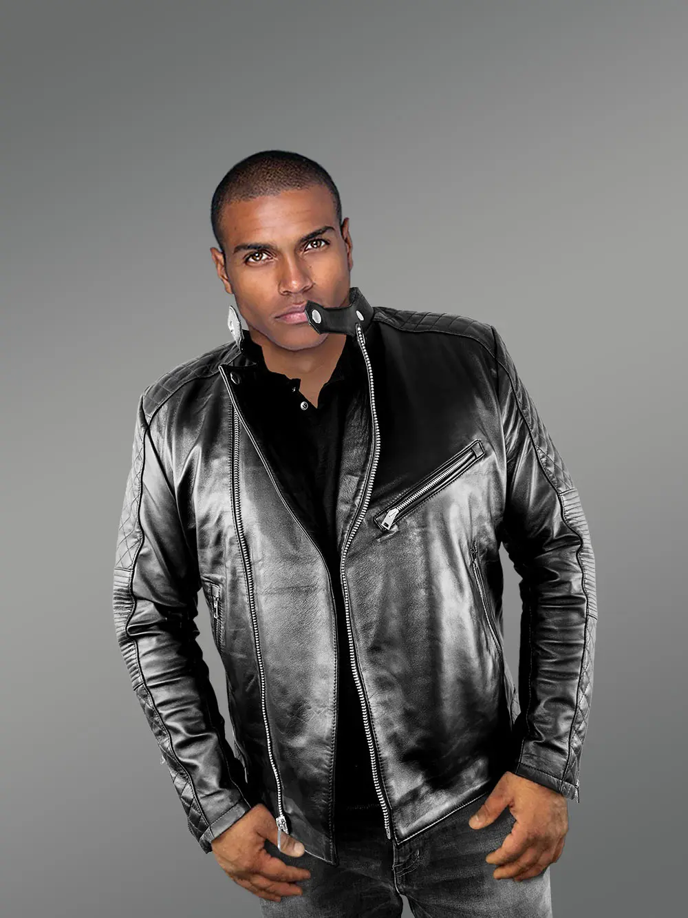 Mens Black Leather Biker Jacket with QuiltedDetails – Perfect Fusion of Fashion& Function - Image 3