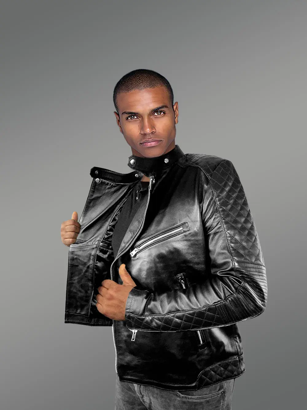 Mens Black Leather Biker Jacket with QuiltedDetails – Perfect Fusion of Fashion& Function - Image 4