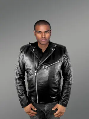 Mens Black Leather Biker Jacket with QuiltedDetails – Perfect Fusion of Fashion& Function
