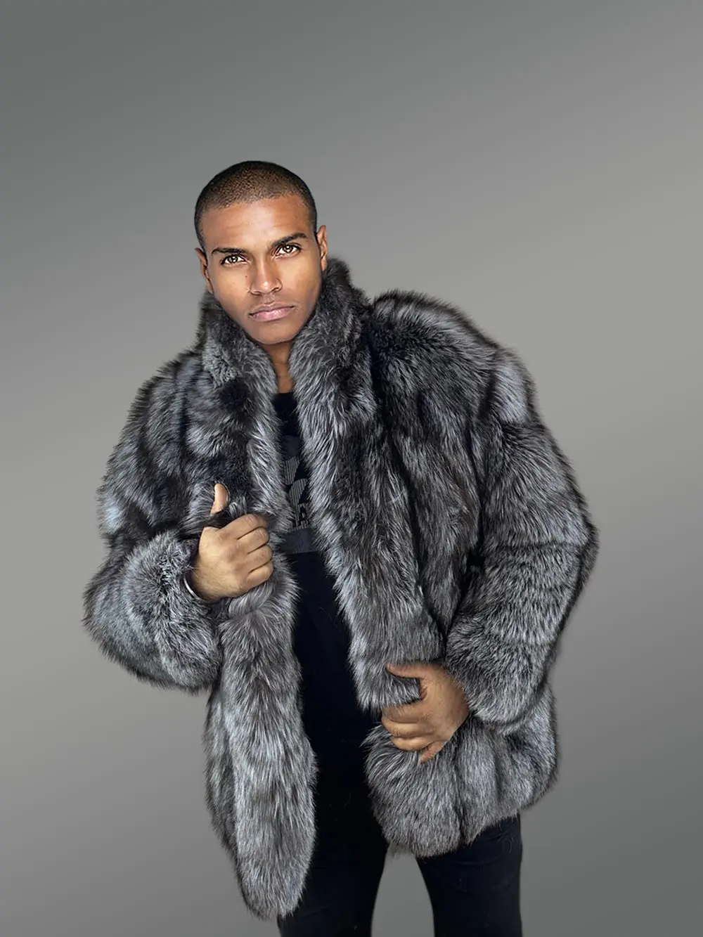 Mens Silver Fox Fur Stroller Coat – Luxurious Look & Touch of Real Fur - Image 5