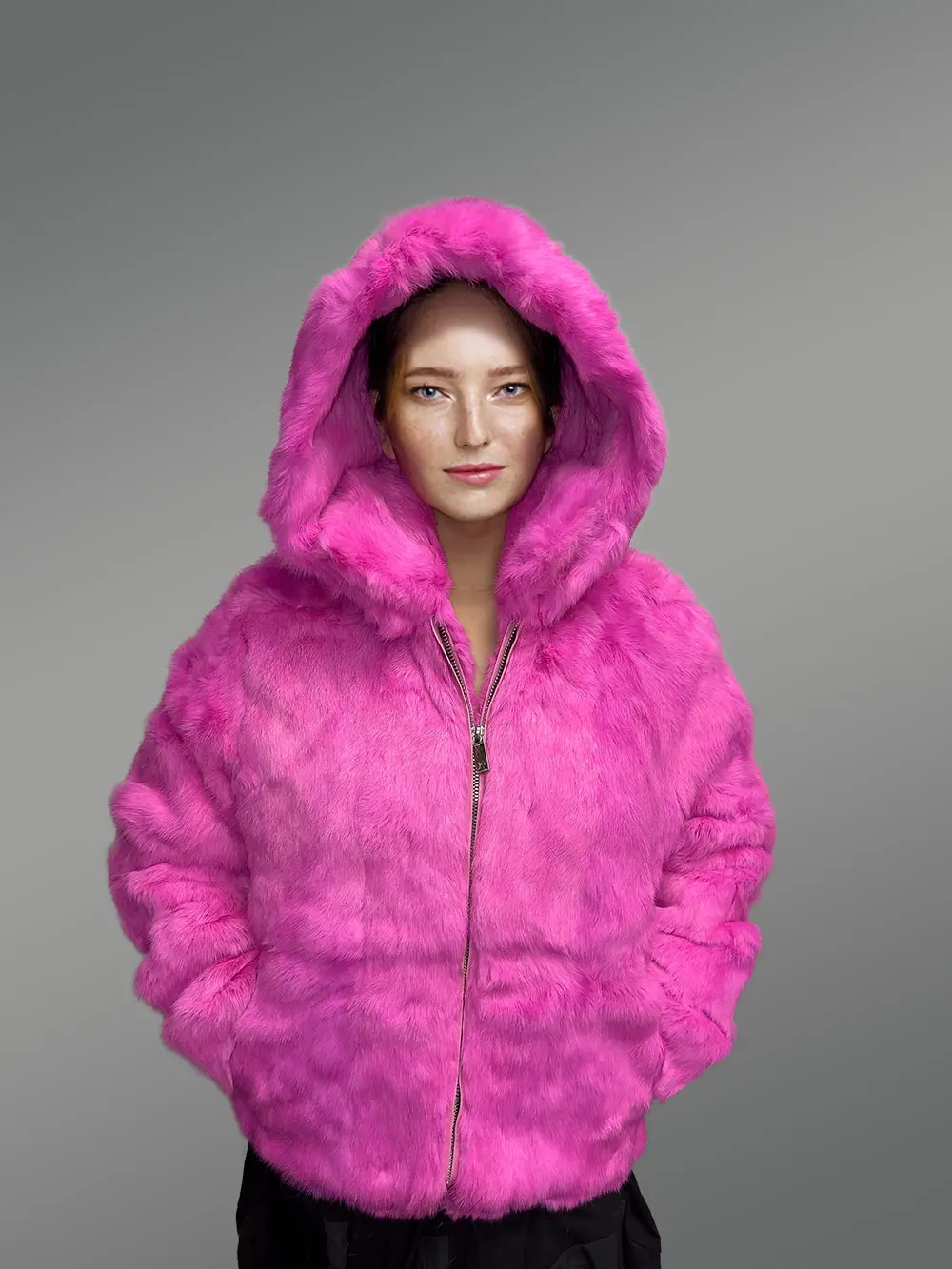 Black Leather Jacket with Fox Fur Collar in Fuchsia – Luxurious Look & Feel - Image 2