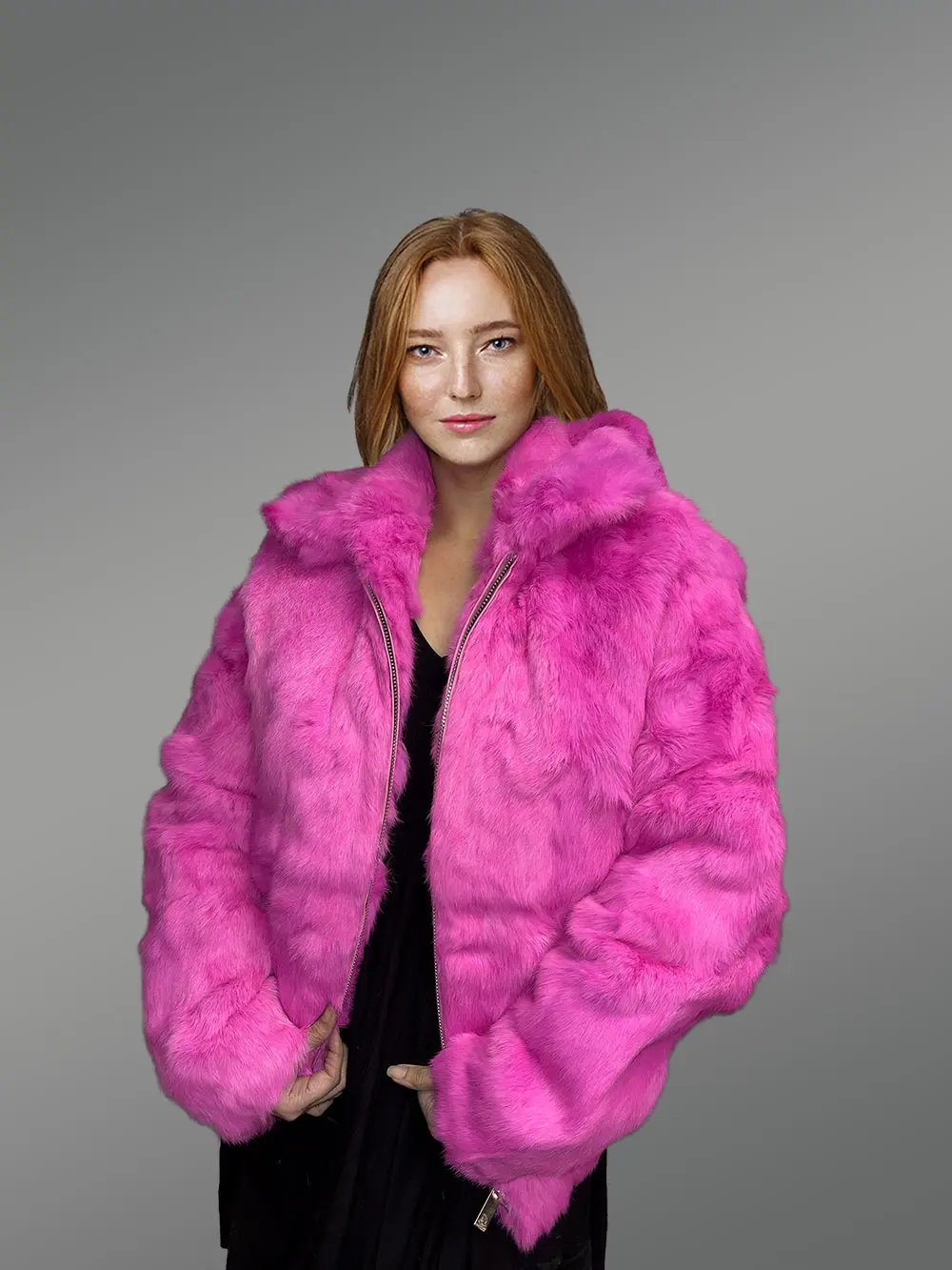 Black Leather Jacket with Fox Fur Collar in Fuchsia – Luxurious Look & Feel