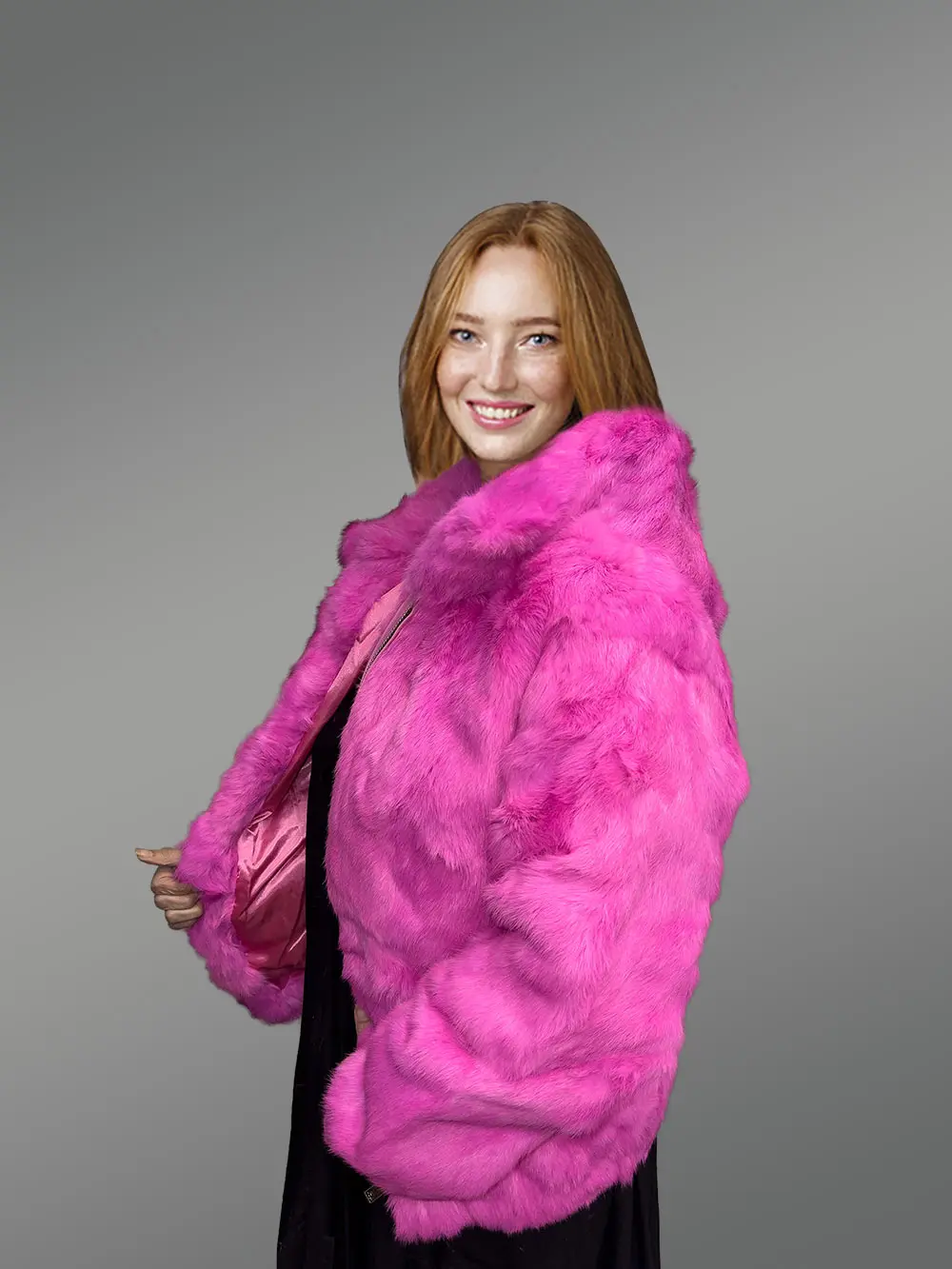 Black Leather Jacket with Fox Fur Collar in Fuchsia – Luxurious Look & Feel - Image 4