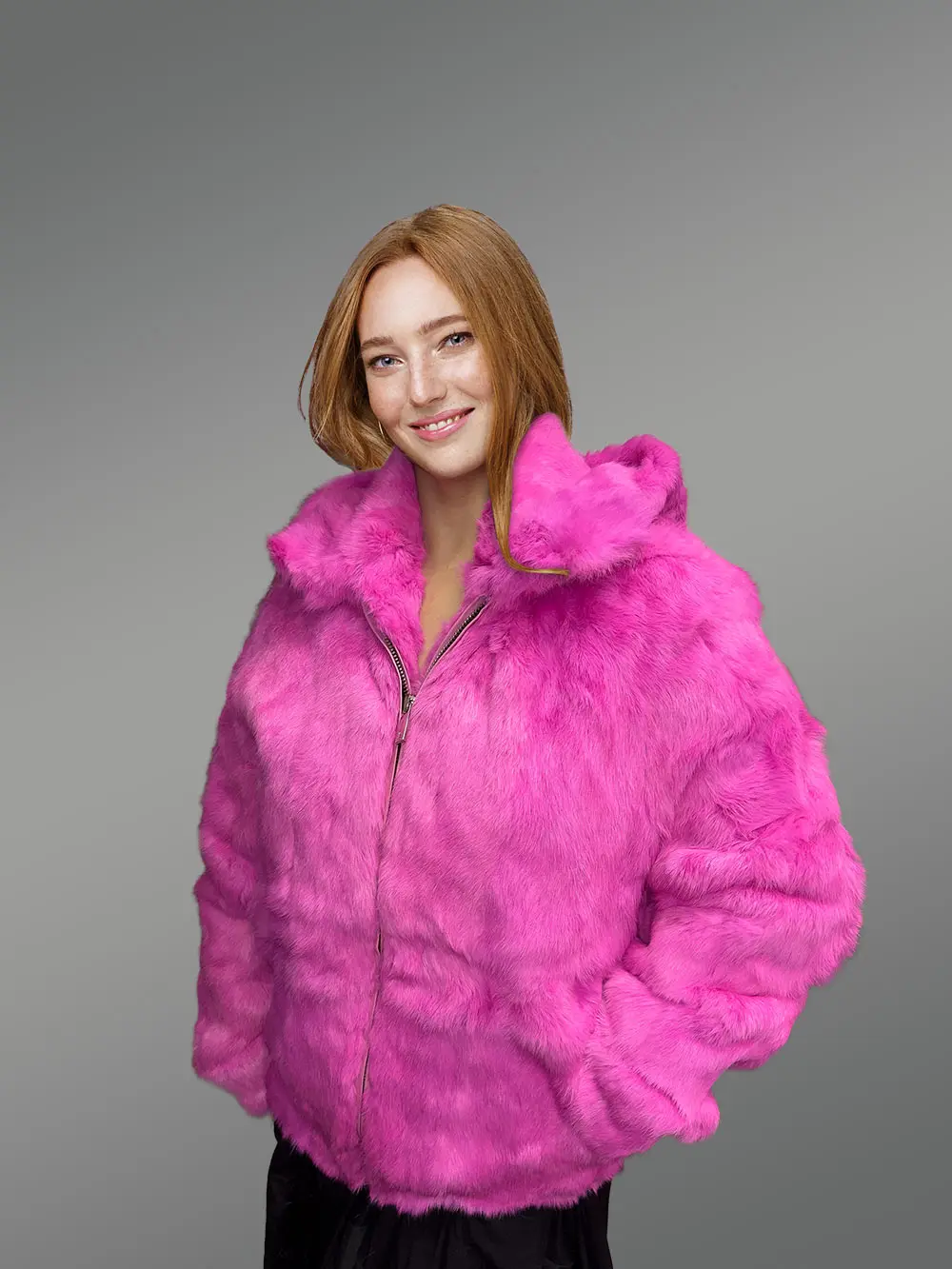 Black Leather Jacket with Fox Fur Collar in Fuchsia – Luxurious Look & Feel - Image 6