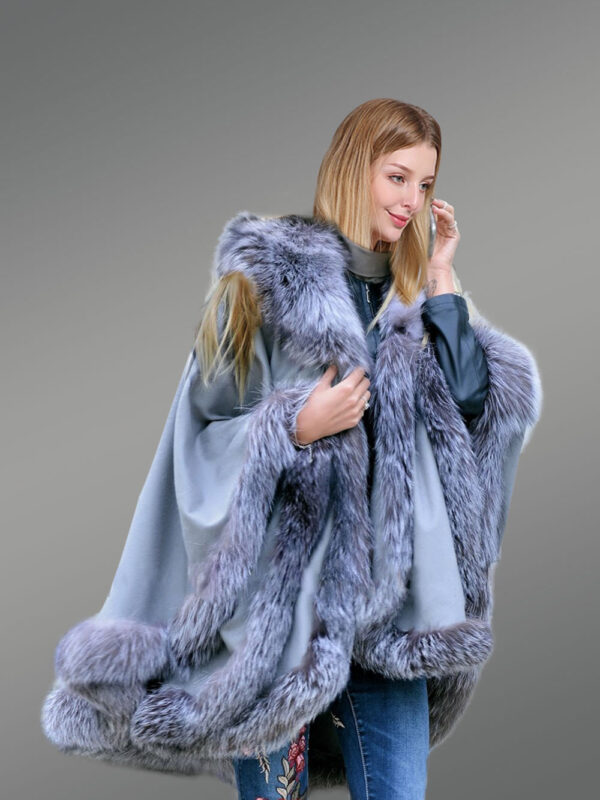 Womens Lambskin Poncho with Fox Fur Accentuation - Image 2