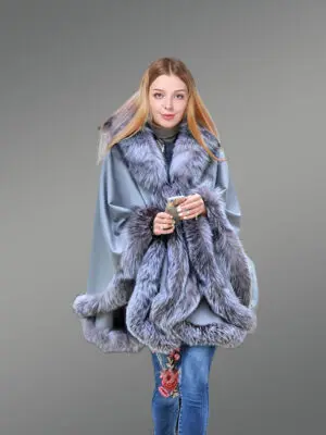 Womens Lambskin Poncho with Fox Fur Accentuation