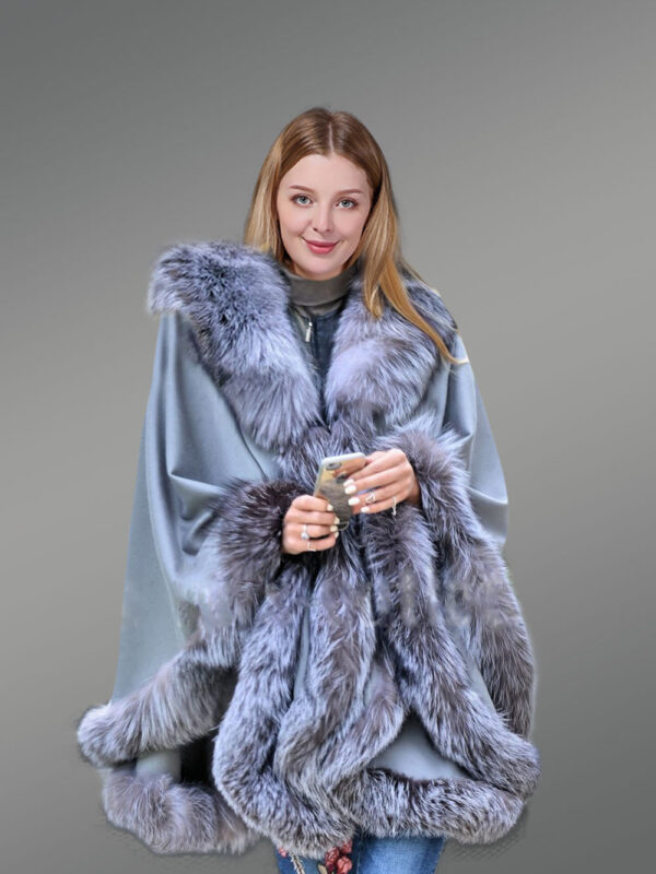 Womens Lambskin Poncho with Fox Fur Accentuation - Image 4