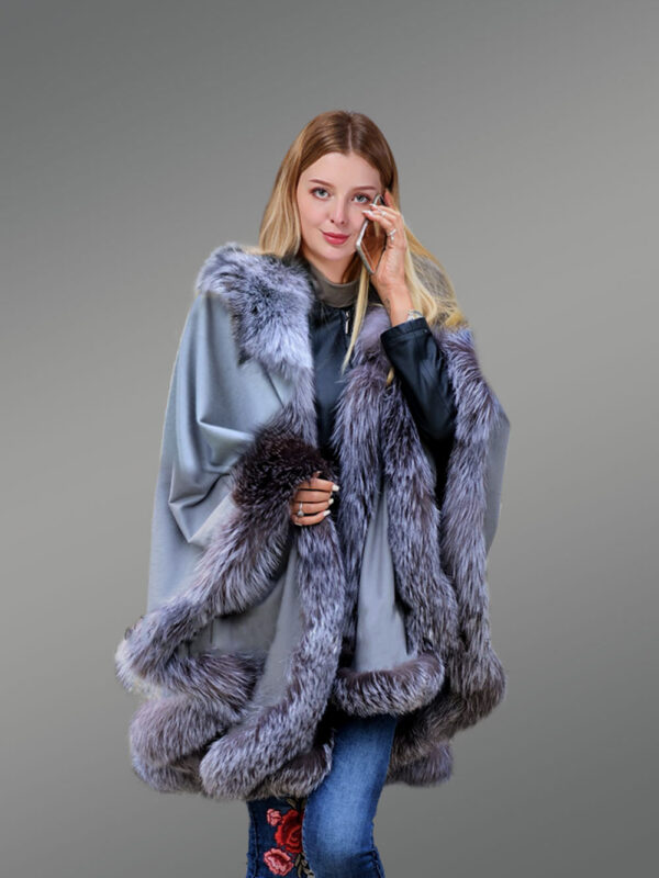 Womens Lambskin Poncho with Fox Fur Accentuation - Image 5