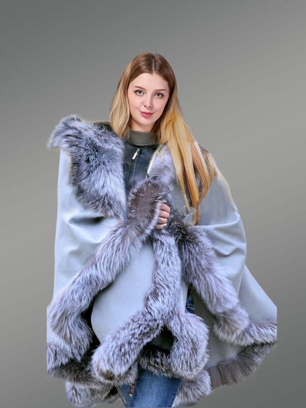 Womens Lambskin Poncho with Fox Fur Accentuation - Image 6