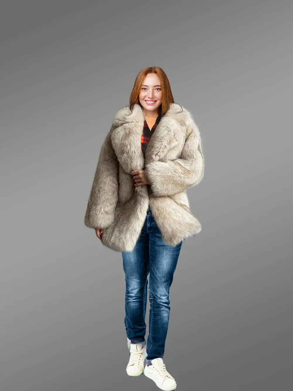 Womens Beige Fox Fur Coat – Fashionable Outfit for Any Reason - Image 2
