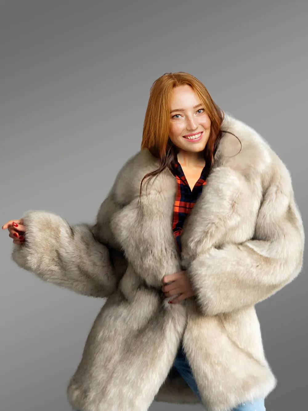 Womens Beige Fox Fur Coat – Fashionable Outfit for Any Reason