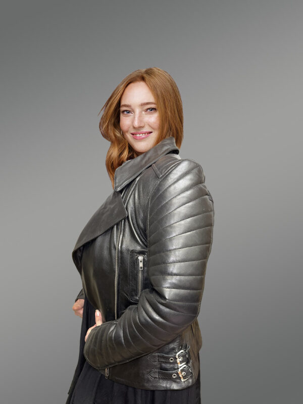 Womens Black Lambskin Leather Biker Jacket– High-Fashion Looks with a Plush Feel - Image 6