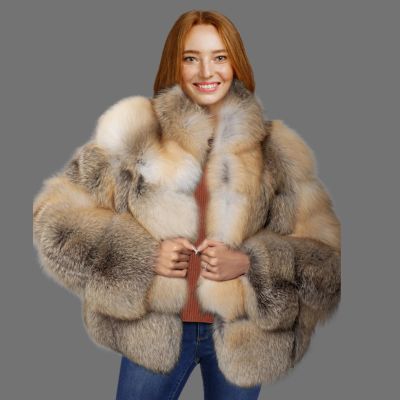 Womens Golden Fox Fur Short Jacket – Fashion-Forward Outfit for Winter