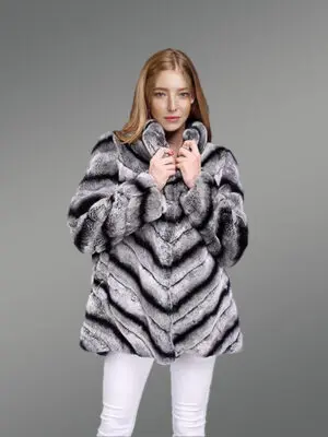 Womens Rabbit Fur High-Neck CoatLooks Chic in Dual Color Chevron Pattern