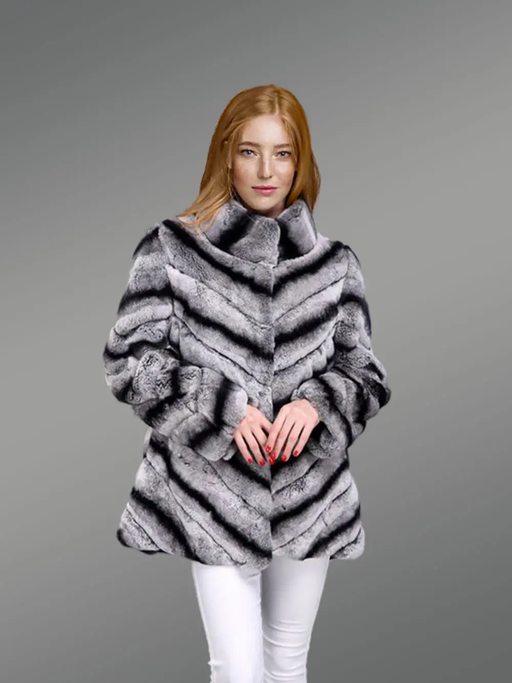 Womens Rabbit Fur High-Neck CoatLooks Chic in Dual Color Chevron Pattern - Image 8