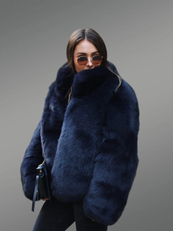 Womens Fox Fur Blue Coat - Image 3