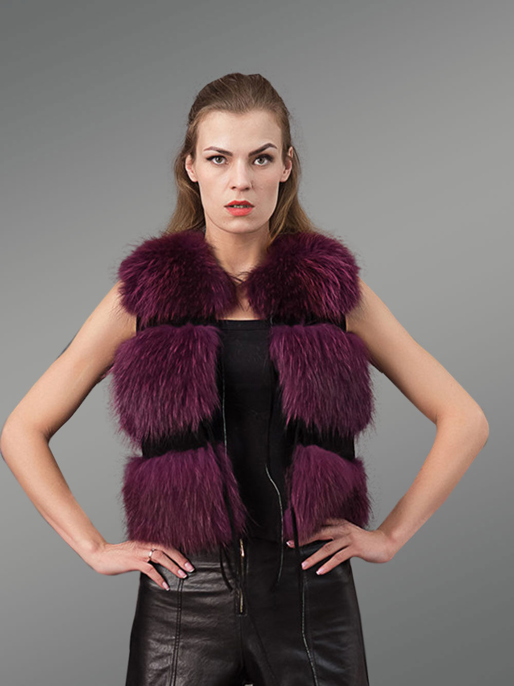 Womens Burgundy Fox Fur Short Vest – Unmatched Elegance & Warmth