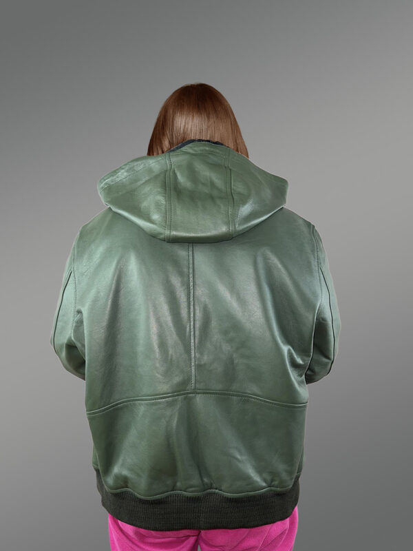 Womens Hooded Leather Bomber Jacket – Crafted with Snug Warmth - Image 2