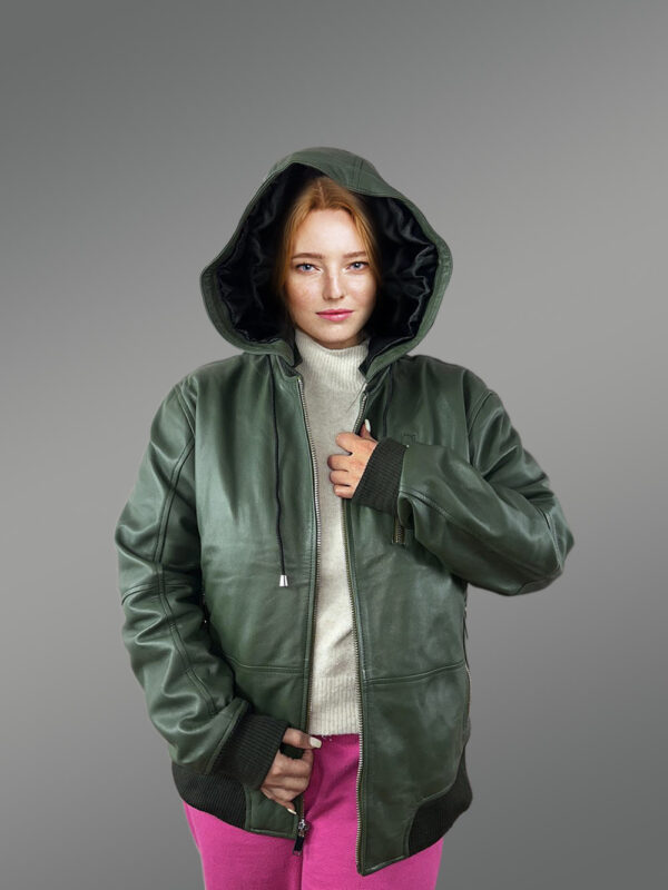 Womens Hooded Leather Bomber Jacket – Crafted with Snug Warmth - Image 3