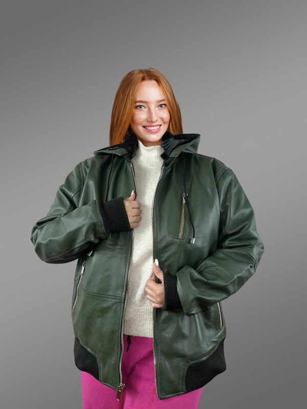 Womens Hooded Leather Bomber Jacket – Crafted with Snug Warmth