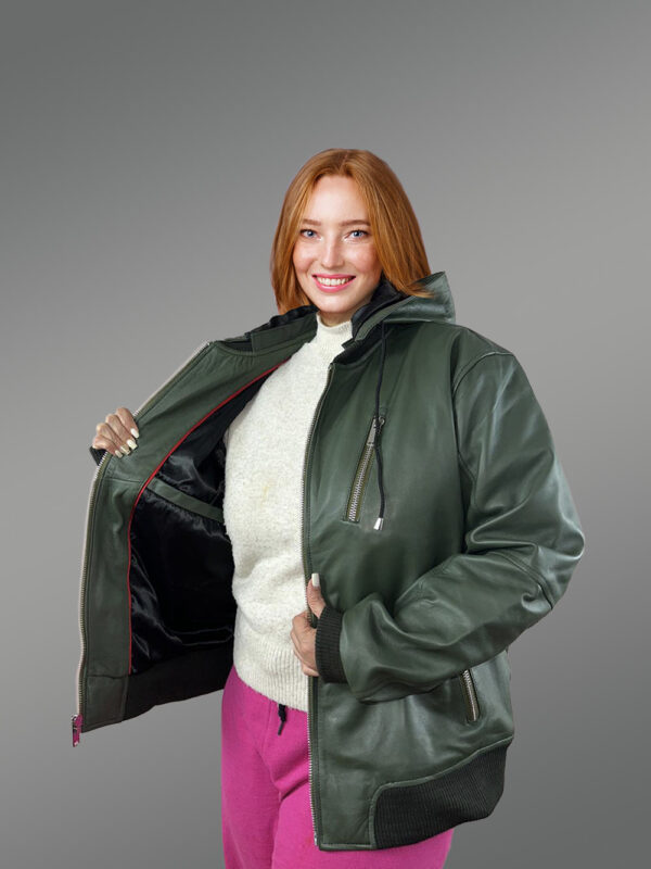 Womens Hooded Leather Bomber Jacket – Crafted with Snug Warmth - Image 4