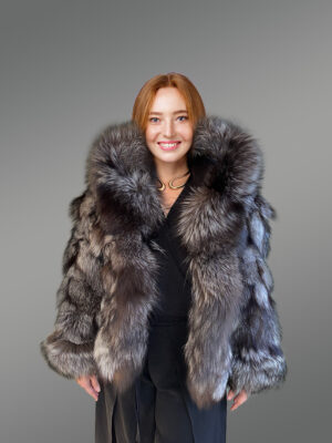 Women’s Silver Fox Fur Bomber Jacket with Accent Cuffs