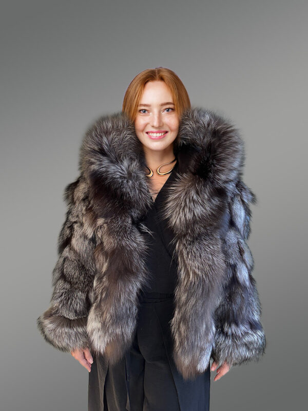 Women’s Silver Fox Fur Bomber Jacket with Accent Cuffs