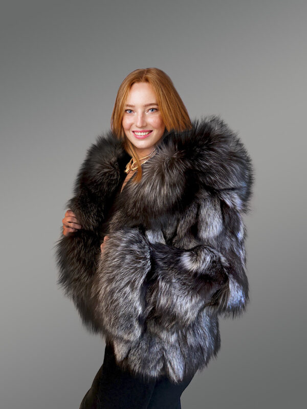 Women’s Silver Fox Fur Bomber Jacket with Accent Cuffs - Image 3