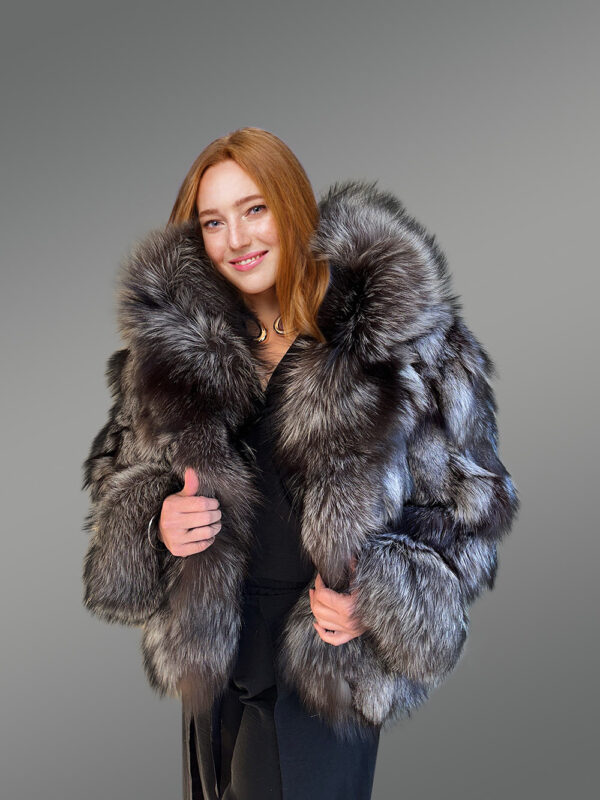 Women’s Silver Fox Fur Bomber Jacket with Accent Cuffs - Image 4