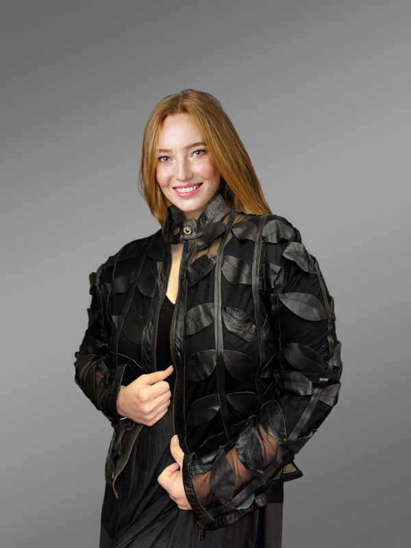Spring Netted Black Leather Jacket Radiating Glamorous Oomph - Image 4