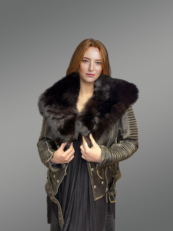 Vintage Finish Leather Biker jacket with Fox Collar