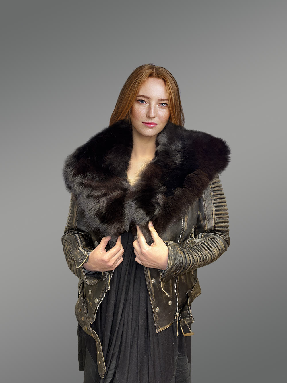 Vintage Finish Leather Biker jacket with Fox Collar