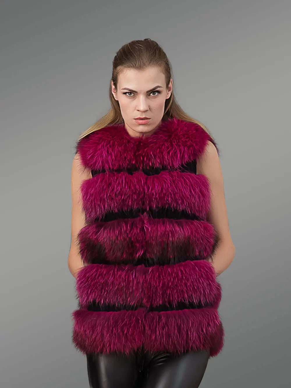 Womens Fox Fur Vest in WineShade – Exceptional Quality with Touch of Elegance