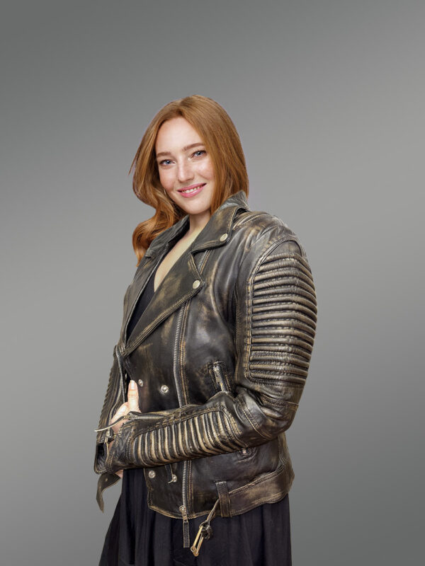 Women’s Vintage Leather Biker Jacket with Belt - Image 3