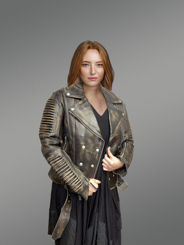 Women’s Vintage Leather Biker Jacket with Belt - Image 4