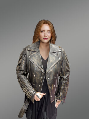 Women’s Vintage Leather Biker Jacket with Belt