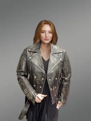 Women’s Vintage Leather Biker Jacket with Belt