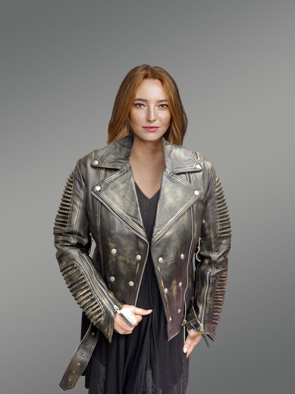 Women’s Vintage Leather Biker Jacket with Belt