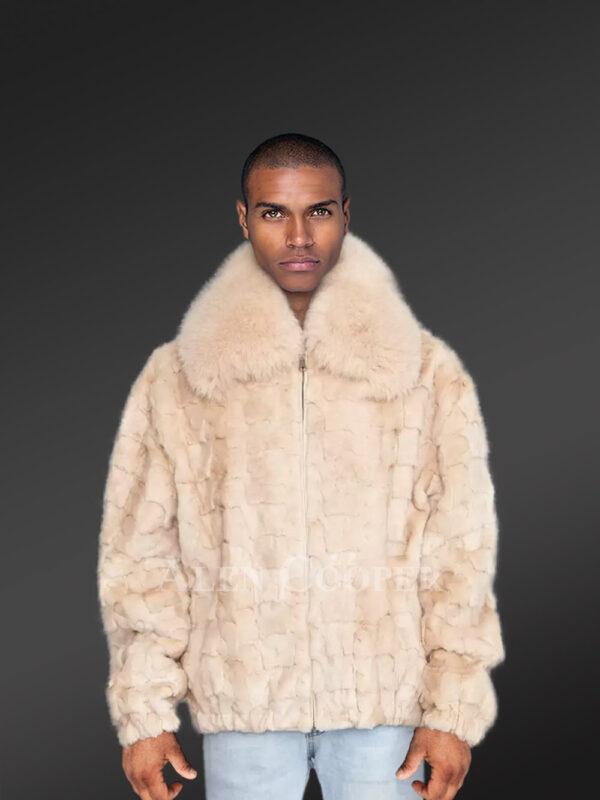 Mens Beige Mink Fur Bomber Jacket – Brace the Chills of Winter in Elegance - Image 3