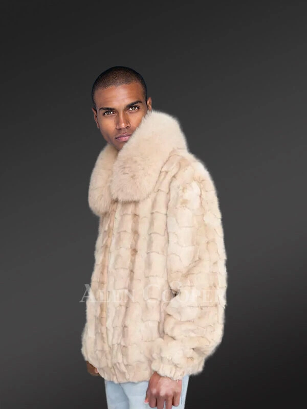 Mens Beige Mink Fur Bomber Jacket – Brace the Chills of Winter in Elegance - Image 4